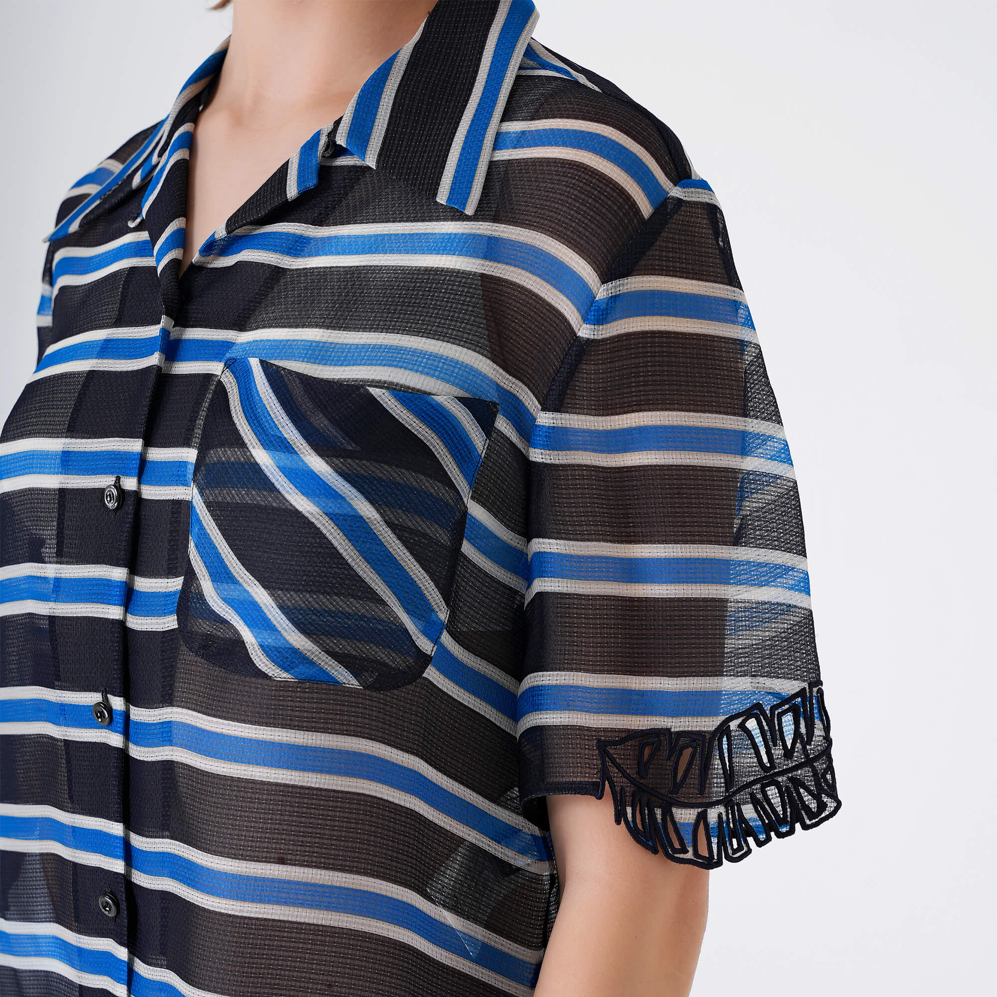 Fendi - Black&Blue&White Stripes Silk Short Sleeved Shirt